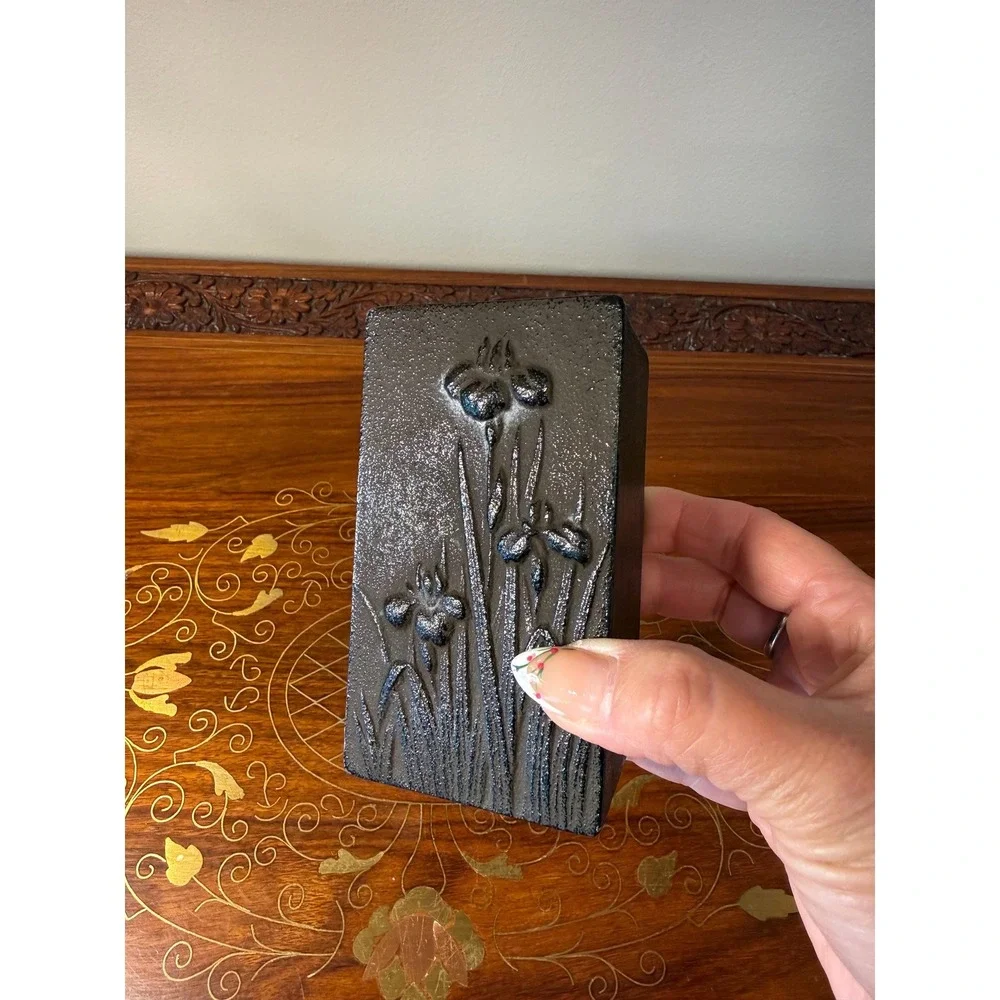 Vintage Cast‎ Iron Jewelry Box with Iris Relief Design